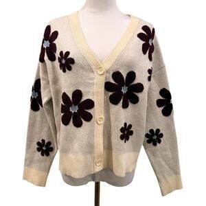 Nikka K Floral Cardigan Sweater Cream Brown Button Front V Neck Large Cottage
